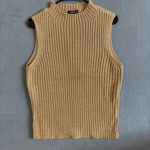 Mock Turtleneck, Sleeveless Metallic Gold Women’s Sweater